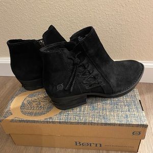 Born brand, Bessie black suede bootie. Worn once, tread still like new